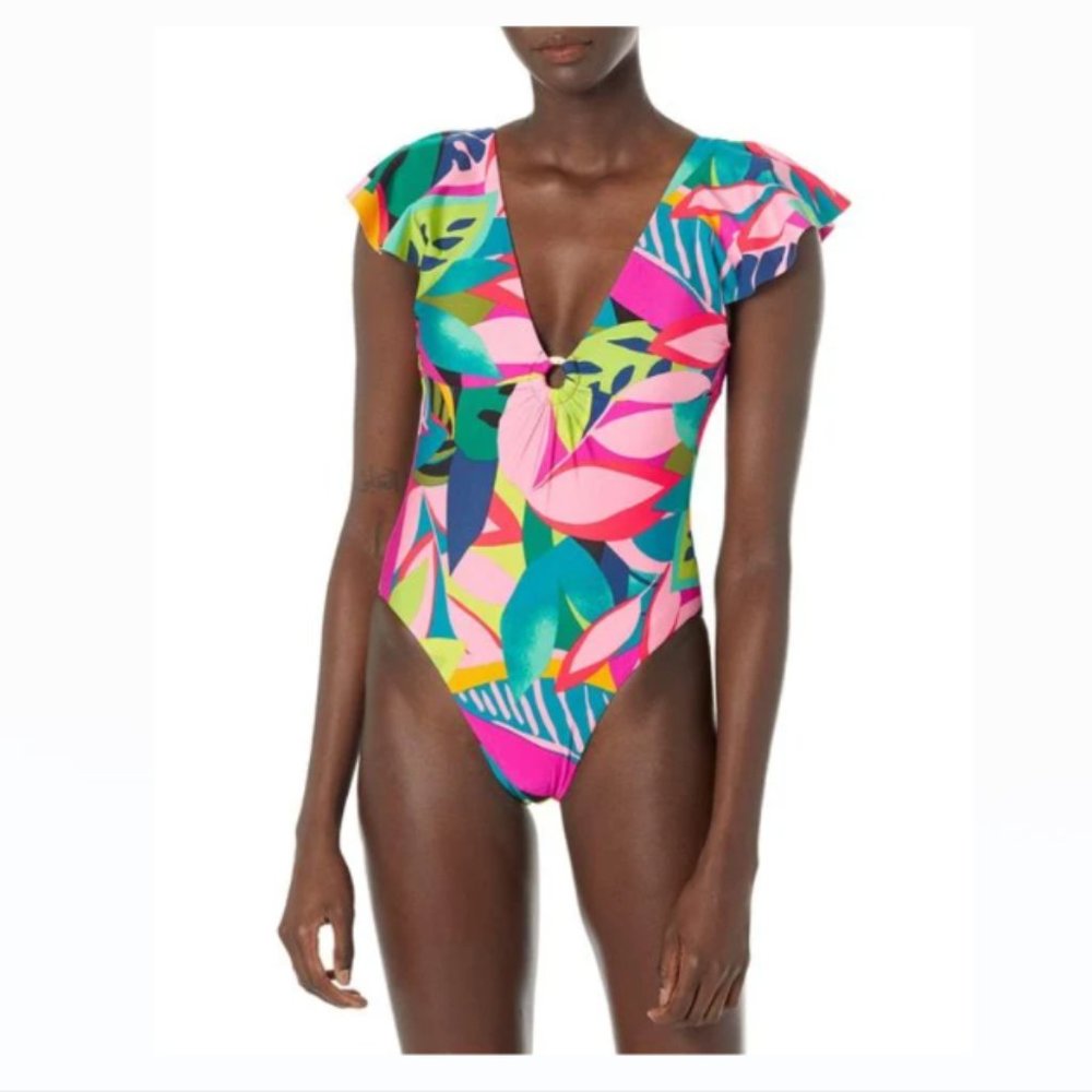 NWT Trina Turk Women’s Standard Rainforest Flutter Sleeve One Piece Swimsuit Sz6